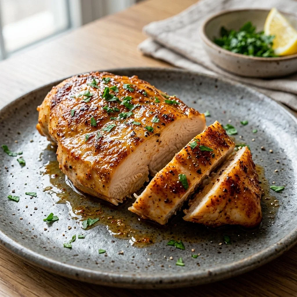 Air fryer chicken breast served with herbs and spices