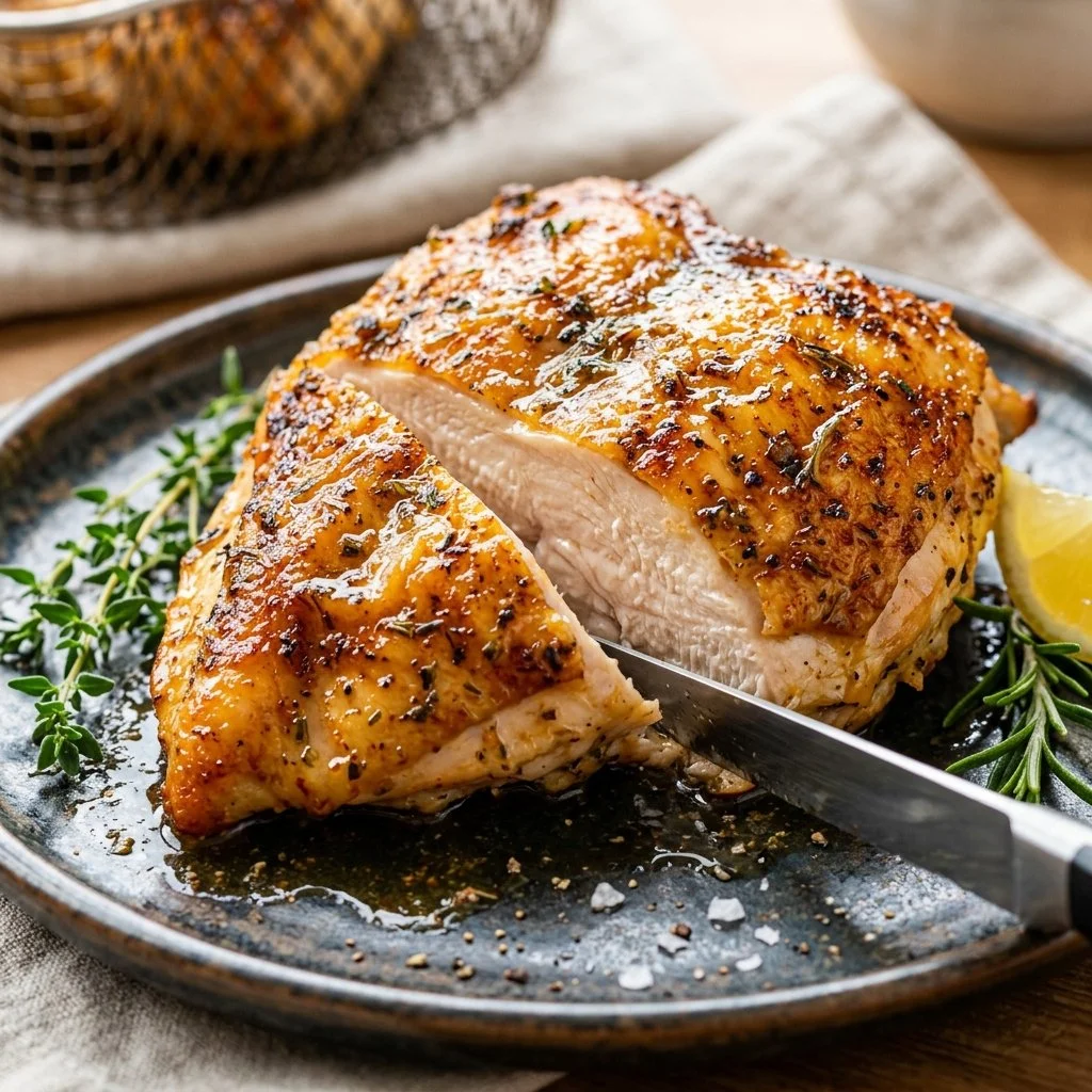 Juicy air fryer chicken breast served with herbs and spices.