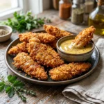 Crispy air fryer chicken tenders served with dipping sauce