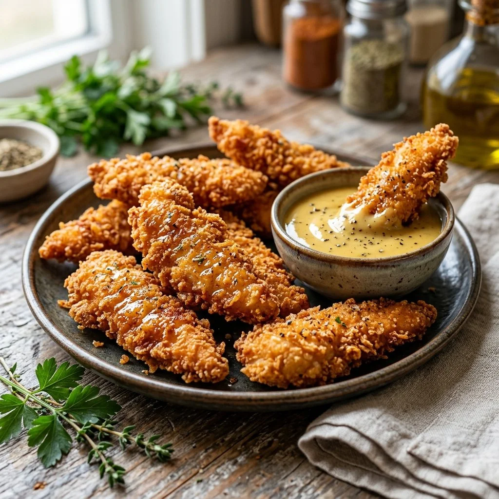 Crispy air fryer chicken tenders served with dipping sauce