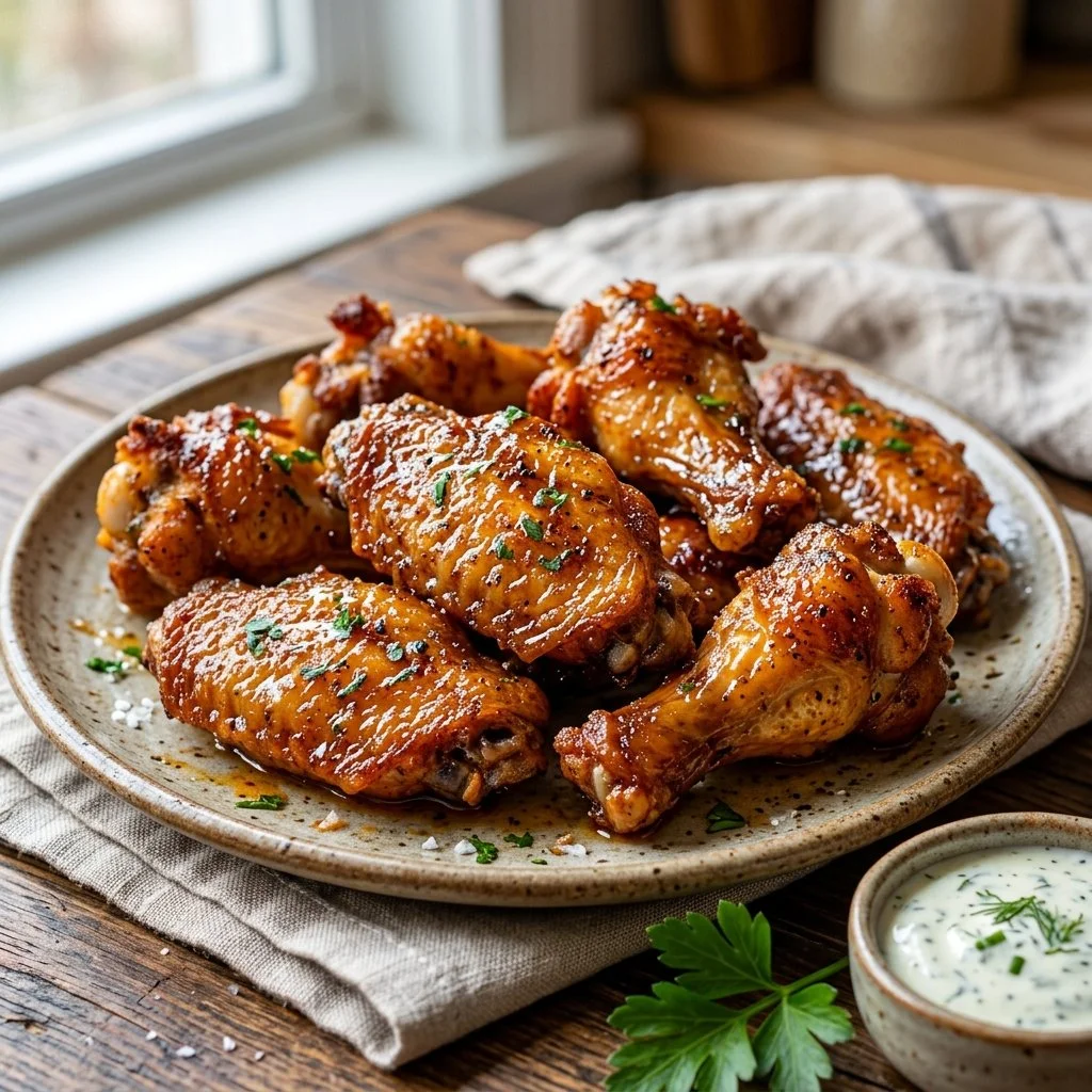 Crispy air fryer chicken wings served with dipping sauce