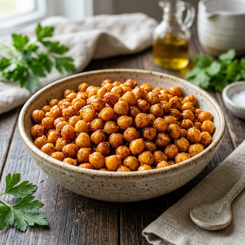 Air Fryer Chickpeas in a bowl, crispy and healthy snack option.