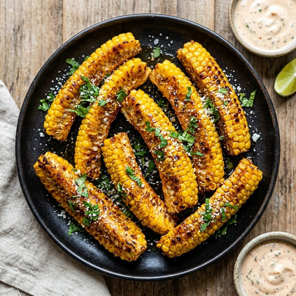Crispy air fryer corn ribs seasoned with spices on a platter