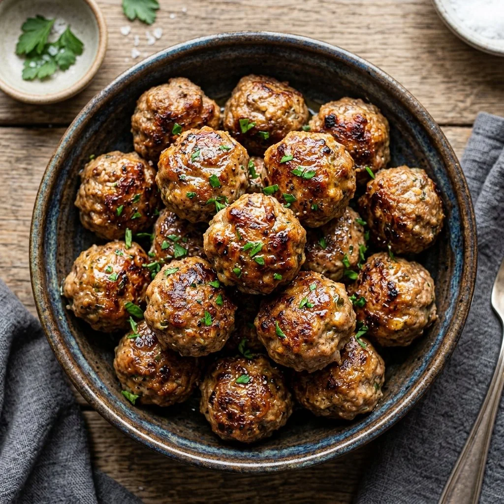 Delicious air fryer meatballs served on a plate with parsley garnish