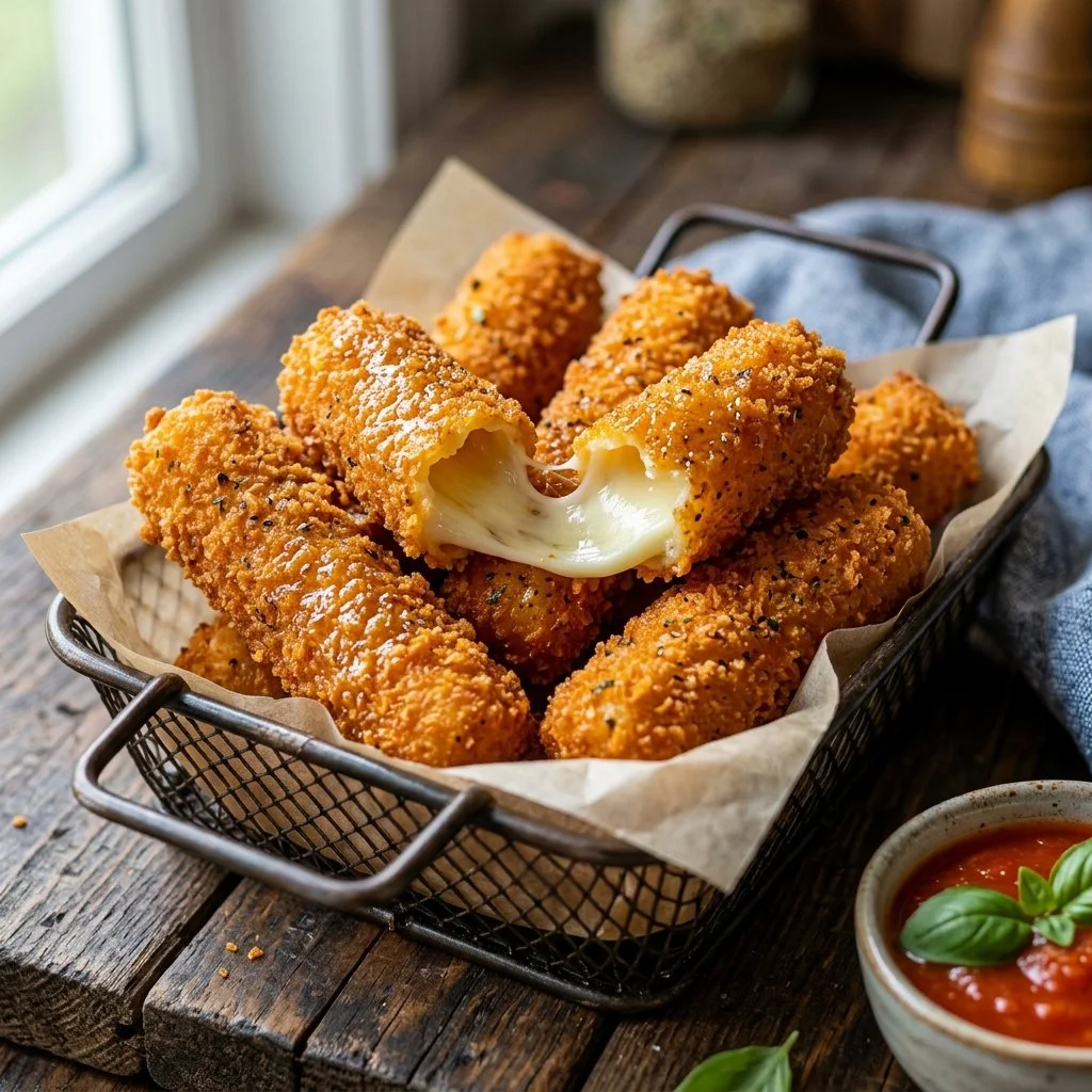 Crispy Air Fryer mozzarella sticks served with marinara sauce