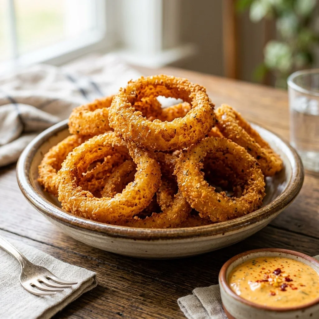 Crispy air fryer onion rings served on a plate