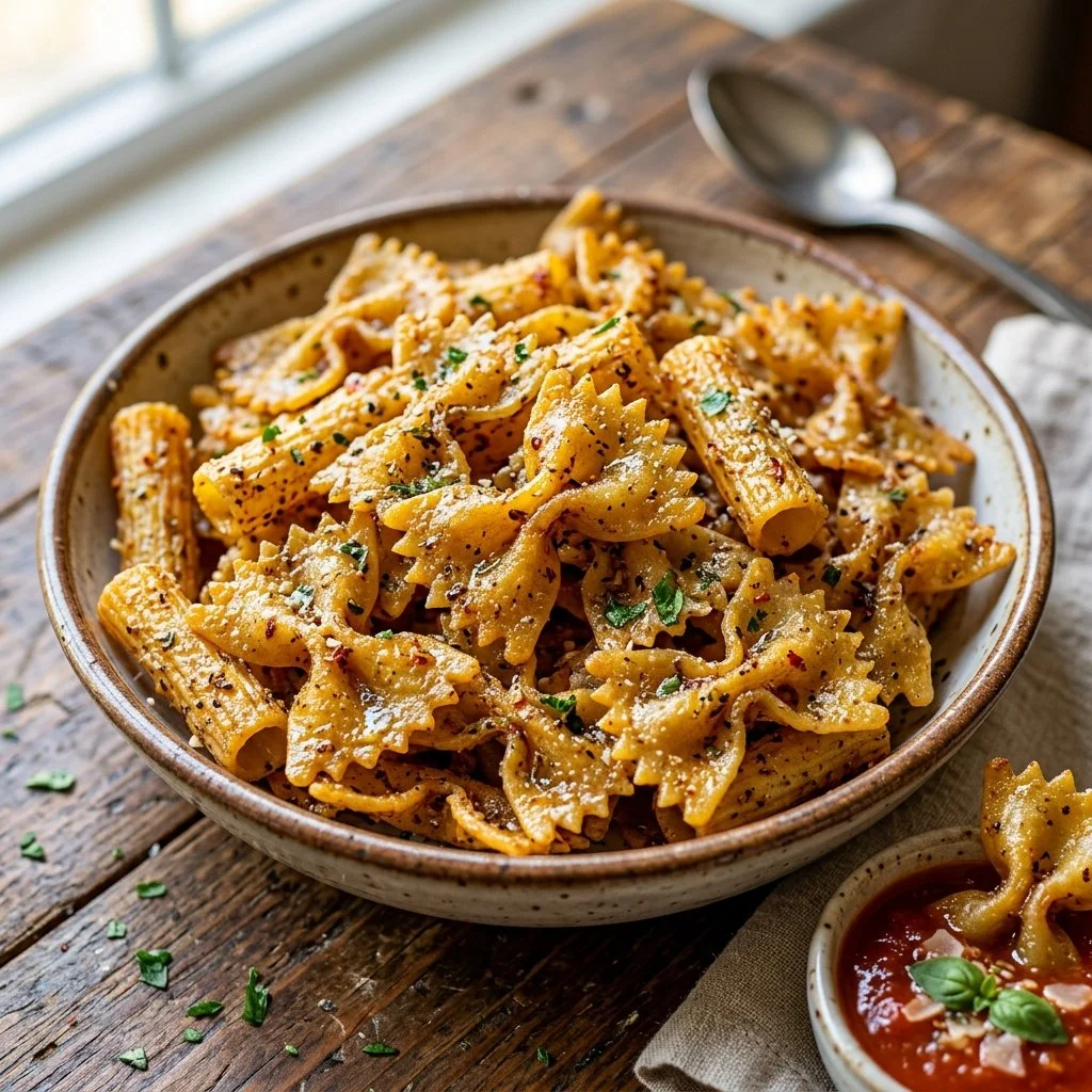 Deliciously crispy air fryer pasta chips ready to enjoy as a snack.