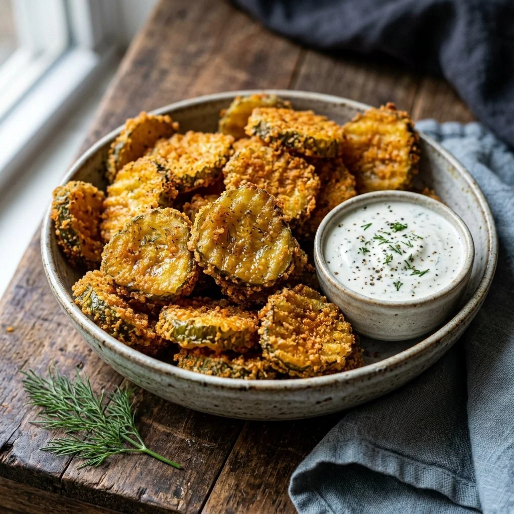 Crispy air fryer pickles served on a plate with dipping sauce