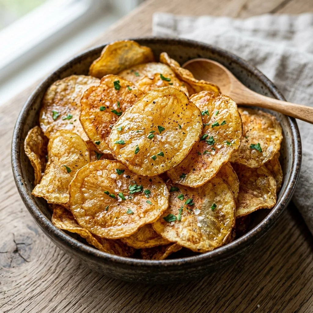 Homemade air fryer potato chips served in a bowl