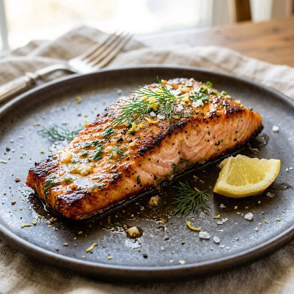 Crispy Air Fryer Salmon served with vegetables on a plate