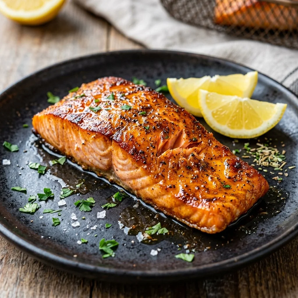 Delicious air fryer salmon fillet ready to serve with lemon wedges.