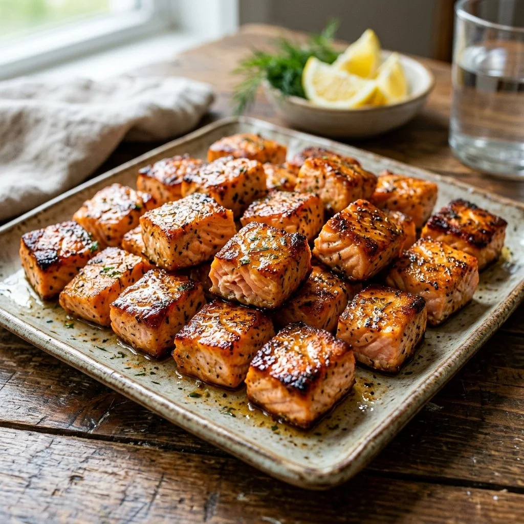 Crispy air fryer salmon bites served on a plate