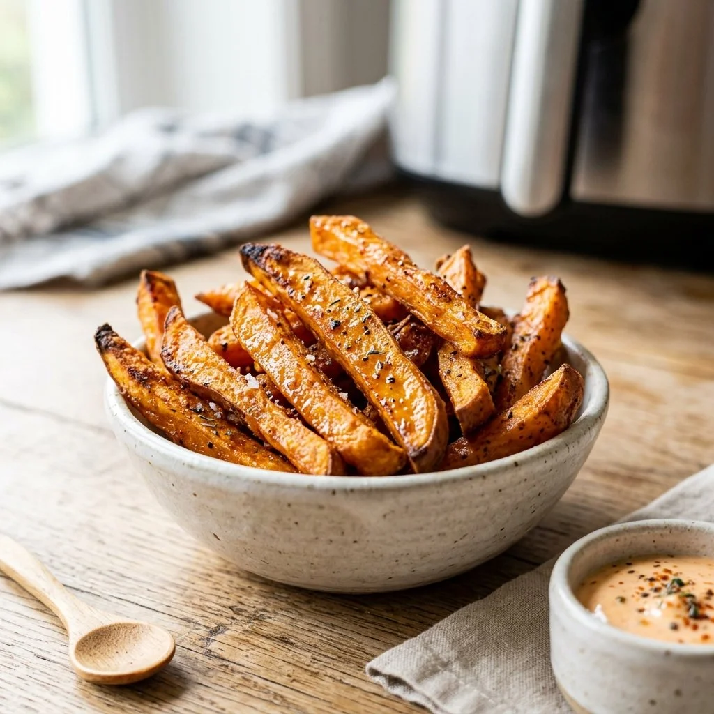 Crispy air fryer sweet potato fries served in a bowl