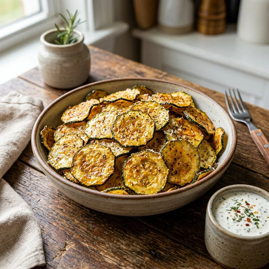Crispy air fryer zucchini chips in a bowl, a healthy snack alternative