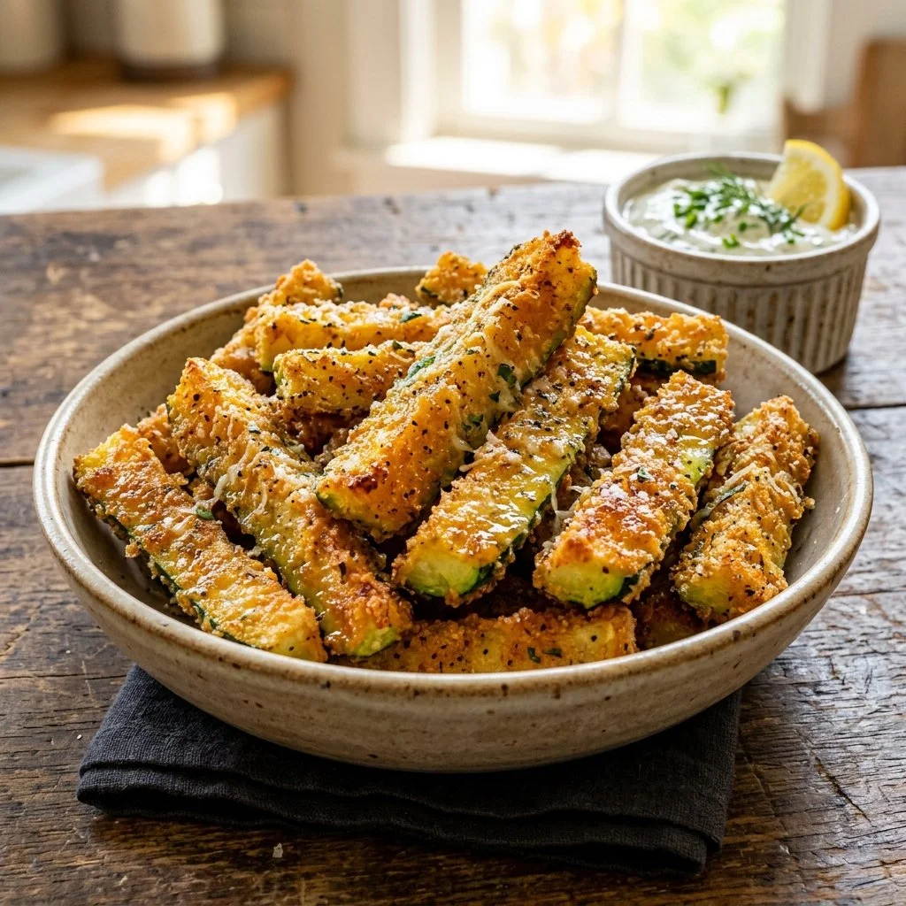 Crispy air fryer zucchini fries served with a dipping sauce