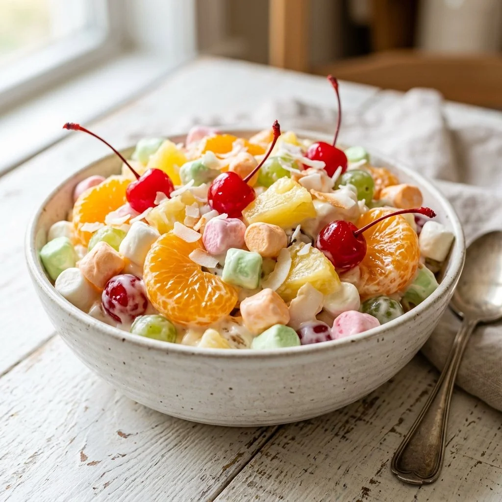 A colorful Ambrosia Salad served in a bowl with fruits and marshmallows