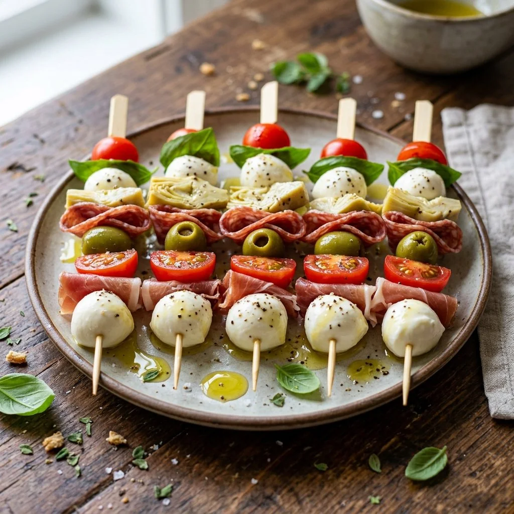 Colorful antipasto skewers with cured meats, cheeses, and olives