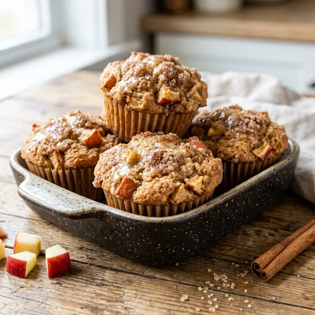 Freshly baked apple cinnamon muffins with a golden brown topping