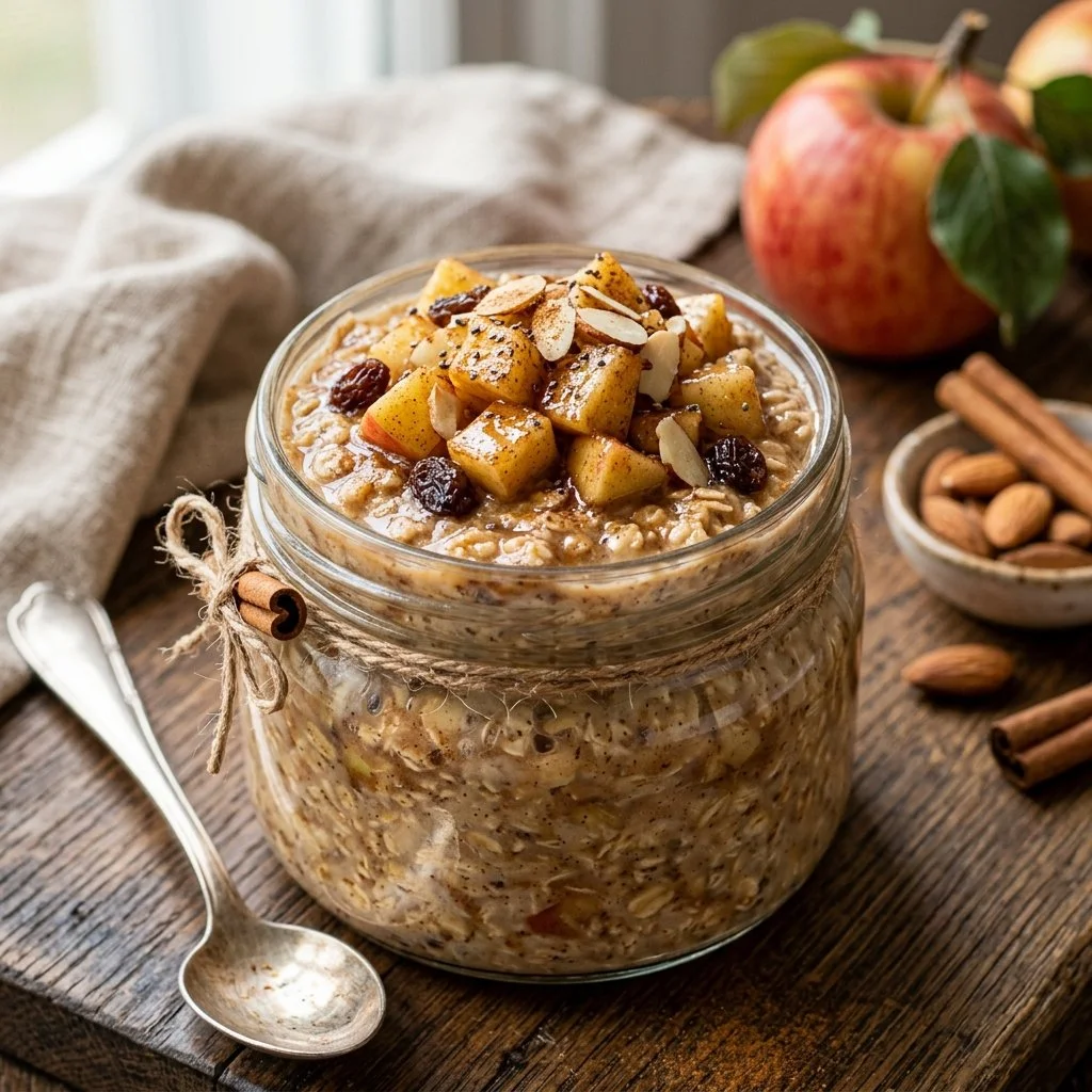 Bowl of Apple Cinnamon Overnight Oats topped with fresh apples and cinnamon