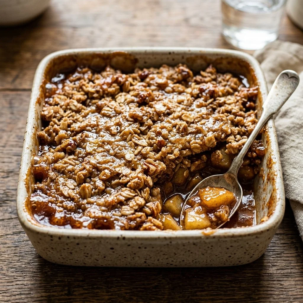Delicious homemade apple crisp topped with a crunchy oat and almond mixture