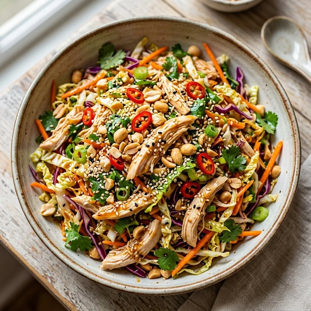 Bowl of Asian Chicken Cabbage Salad with colorful veggies and dressing