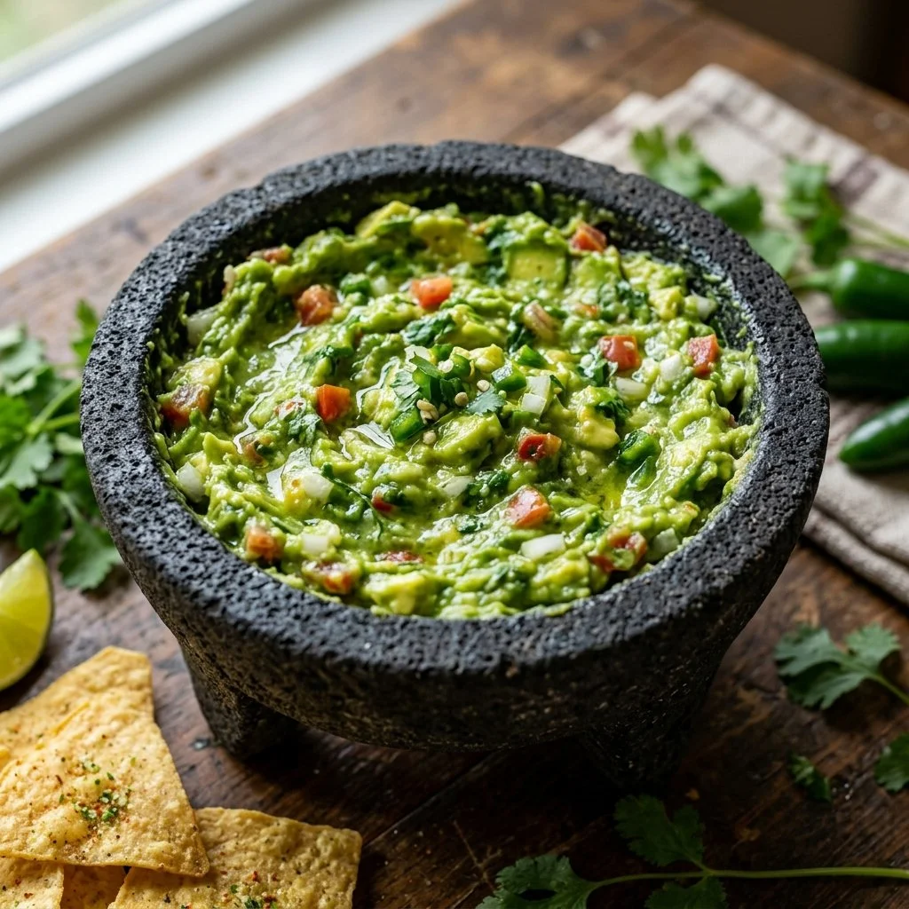 Bowl of authentic Mexican guacamole made with fresh avocados and spices