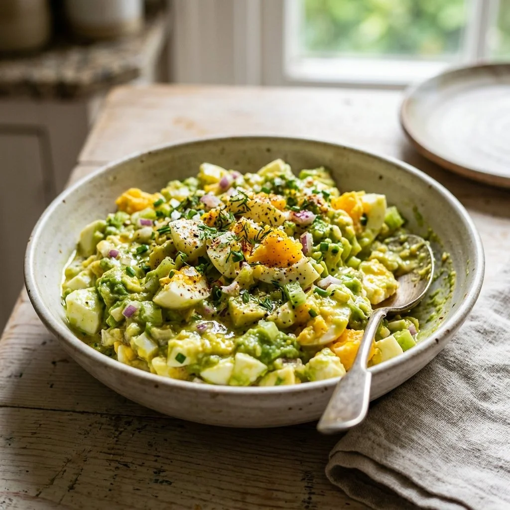Creamy avocado egg salad in a bowl with fresh ingredients