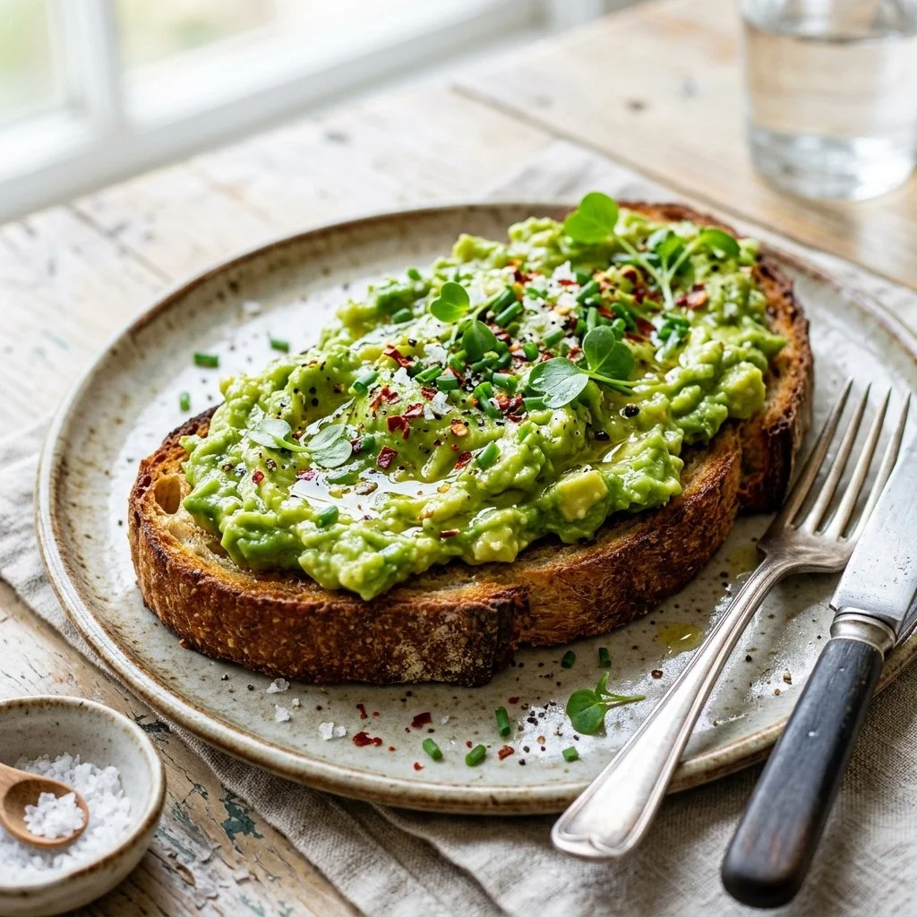 Delicious avocado toast topped with tomatoes and microgreens on a wooden table