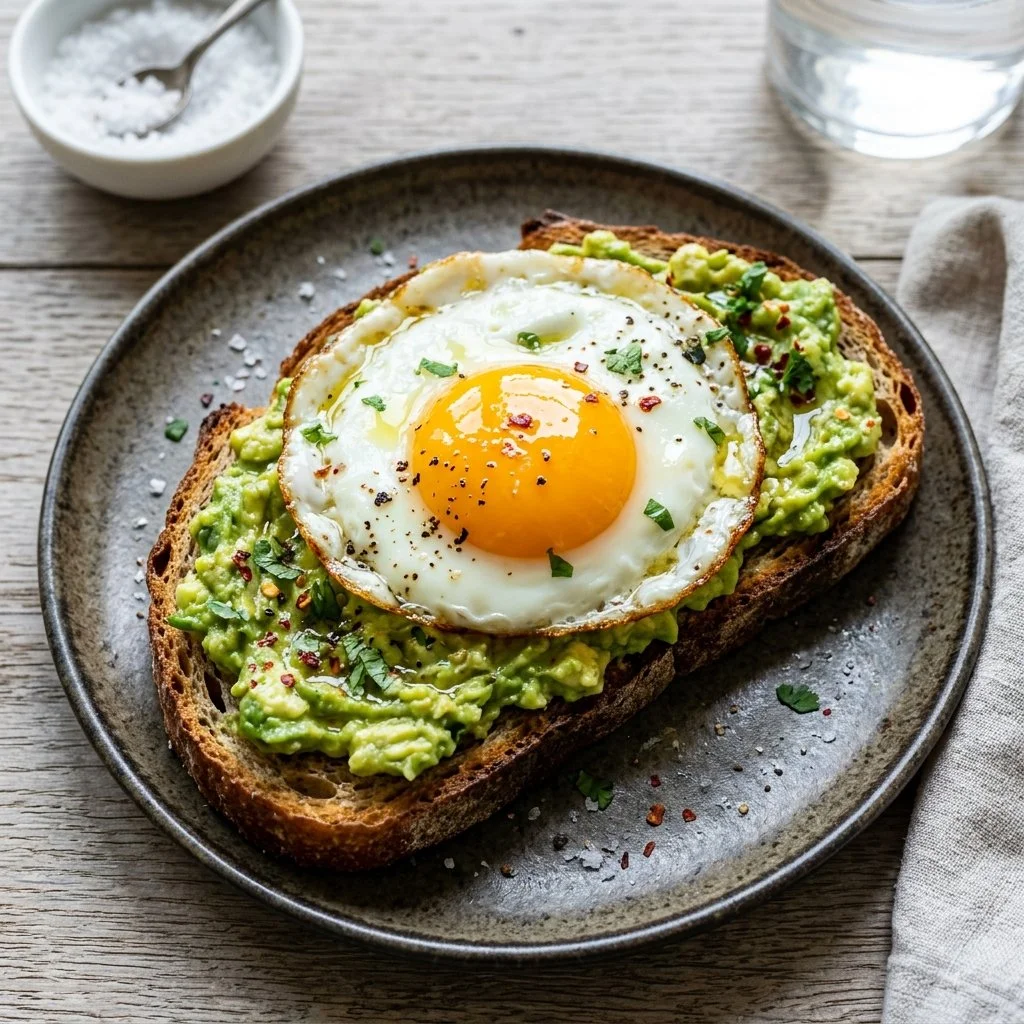 Delicious avocado toast topped with a perfectly cooked egg