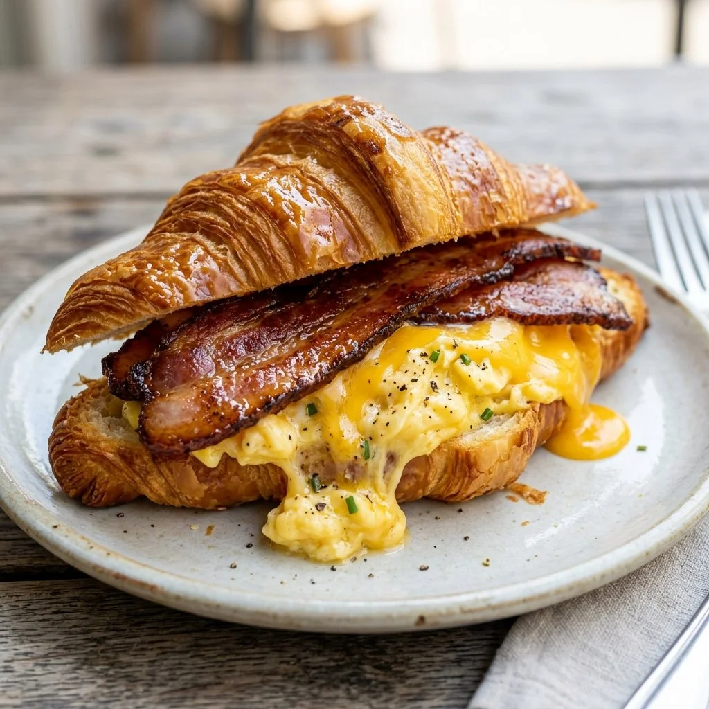 Bacon Egg and Cheese Croissant with crispy bacon, fluffy egg, and melted cheese