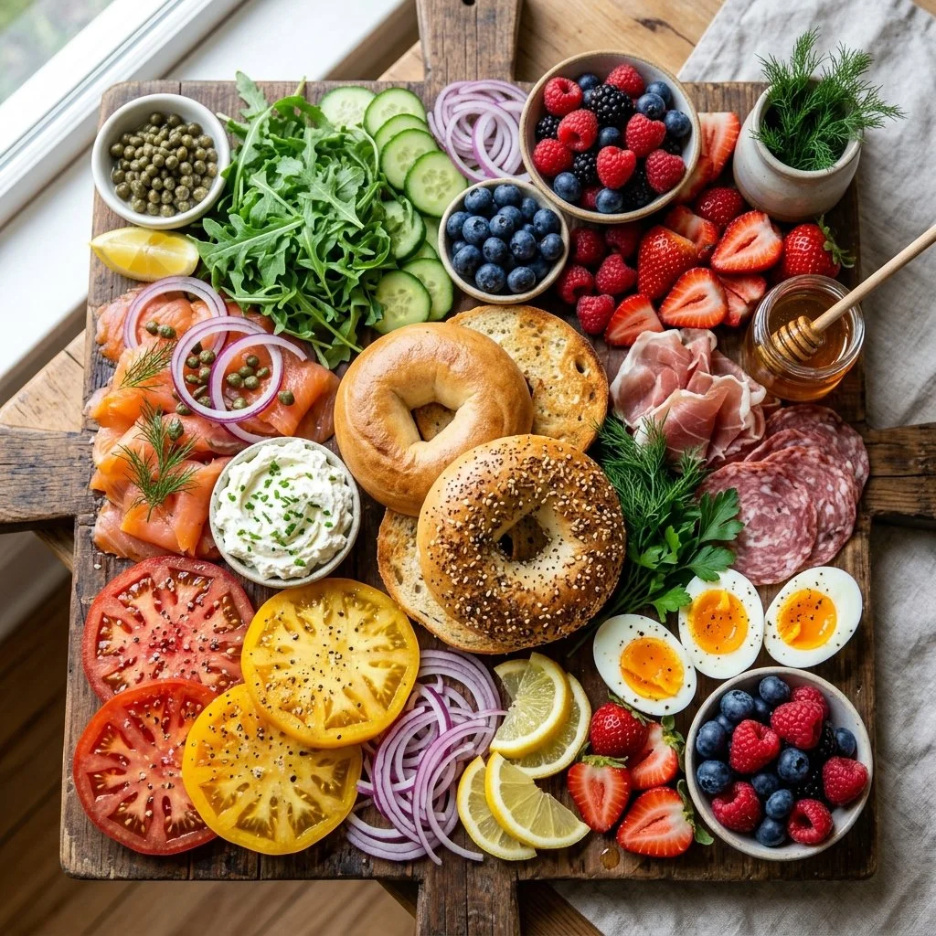 A beautifully arranged bagel brunch board with various toppings and spreads.