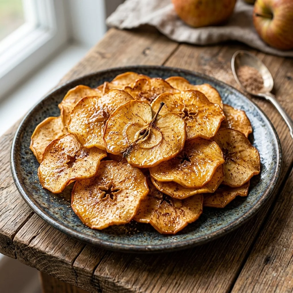 Homemade baked apple chips served in a bowl, a healthy snack option.