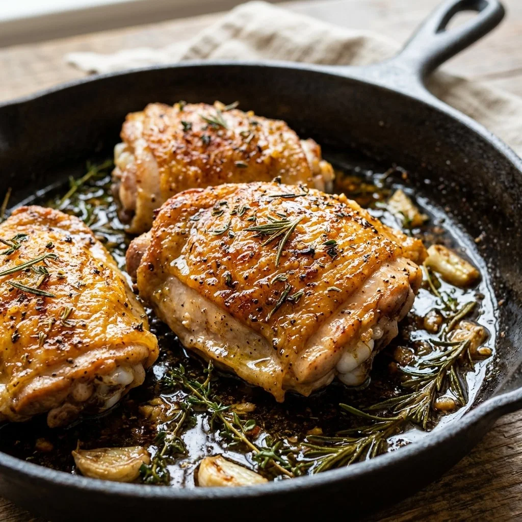 Juicy baked chicken thighs served with herbs and spices
