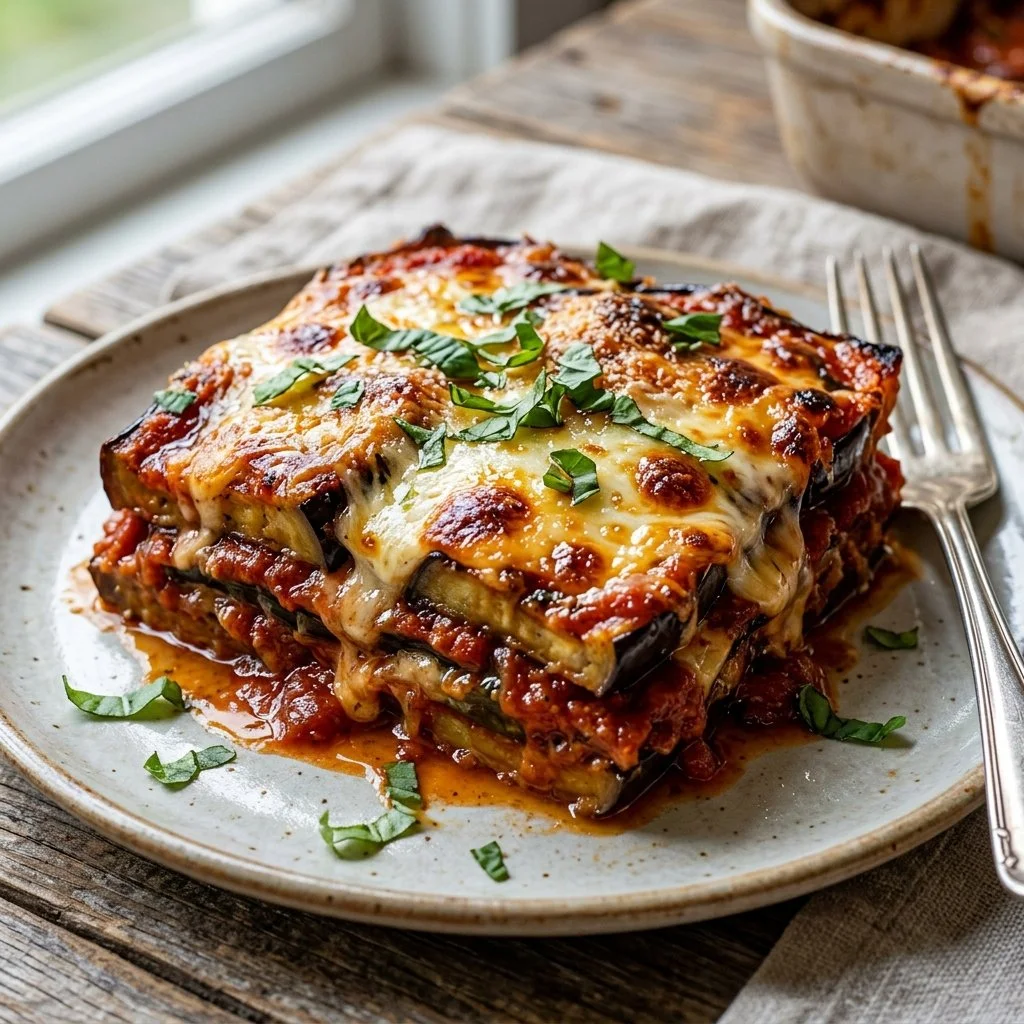 Baked eggplant parmesan with layers of cheese and marinara sauce