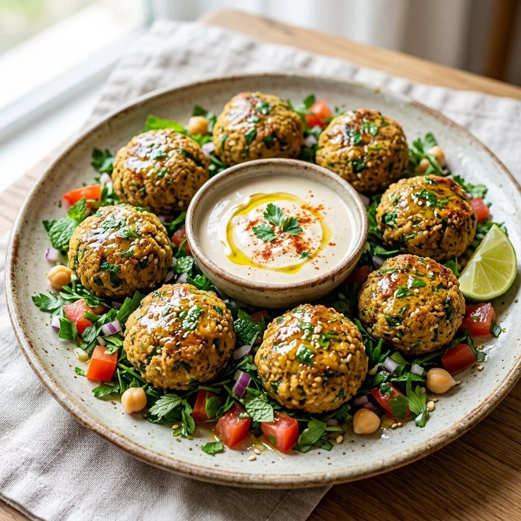 Healthy baked falafel balls served on a plate with fresh vegetables