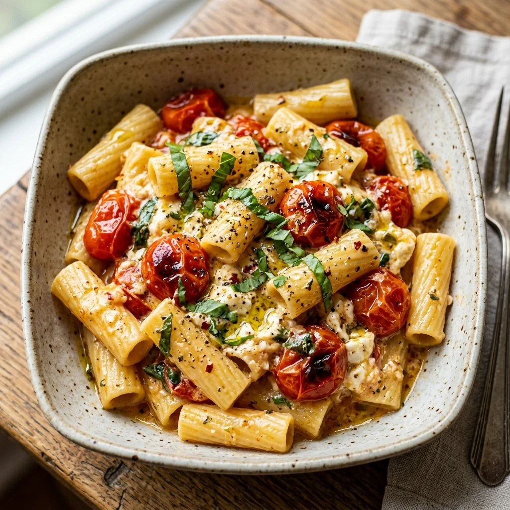 Delicious baked feta pasta served in a bowl with cherry tomatoes and spices.