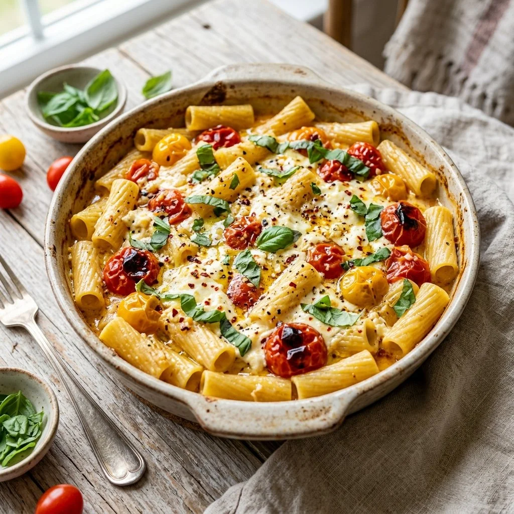 Delicious baked feta pasta served with fresh herbs and cherry tomatoes
