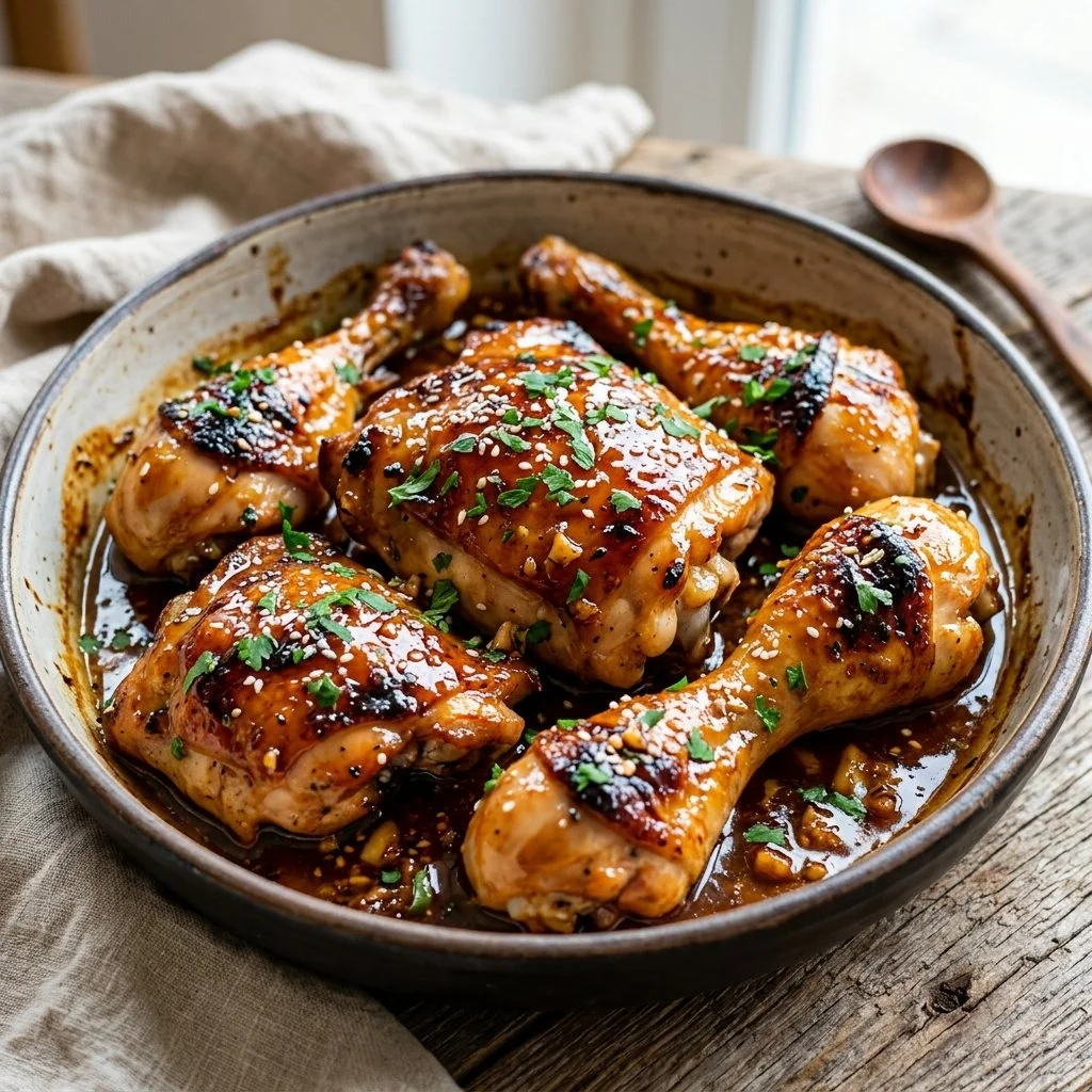 Baked Honey Garlic Chicken garnished with green onions on a plate