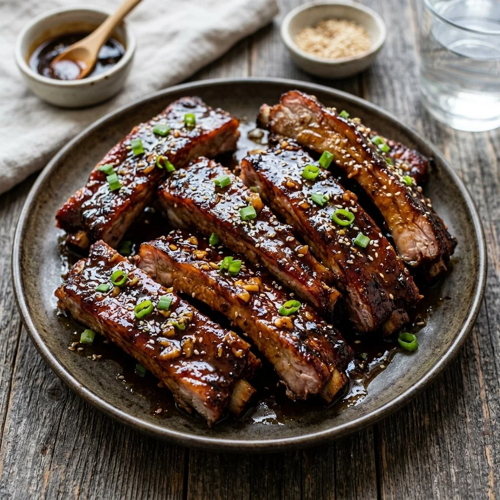 Baked honey garlic ribs glazed with sweet sauce on a serving platter