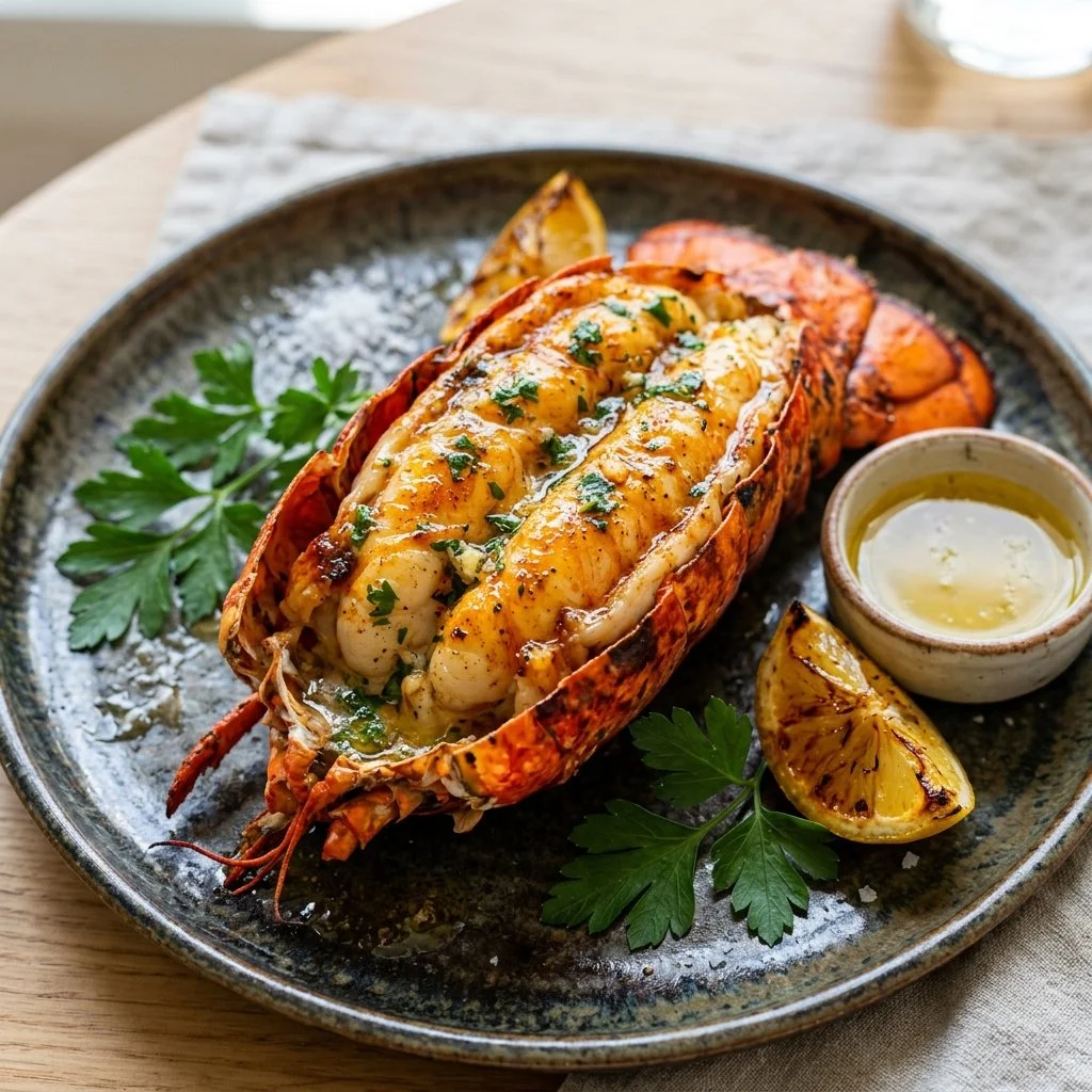 Delicious baked lobster tails topped with garlic butter and herbs