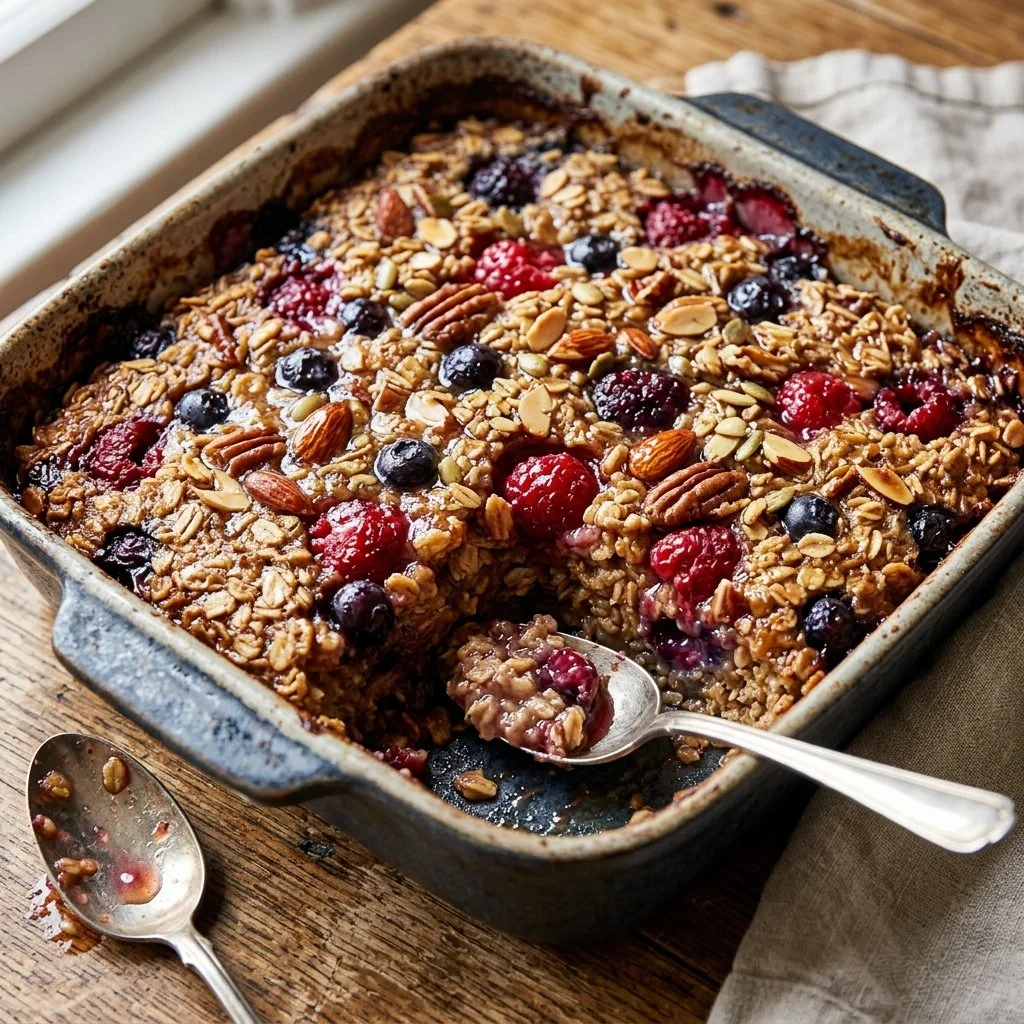 Delicious baked oatmeal topped with fresh fruits and nuts in a ceramic dish.