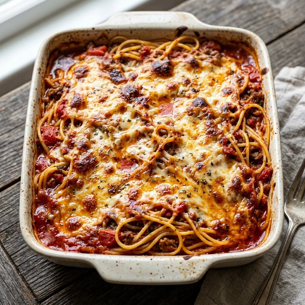Baked spaghetti dish topped with melted cheese and herbs