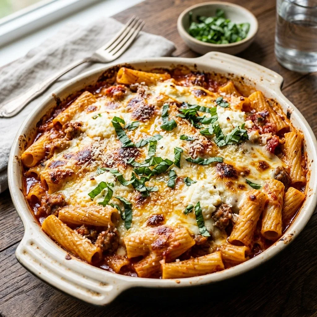 Delicious Baked Ziti with cheese and pasta in a baking dish