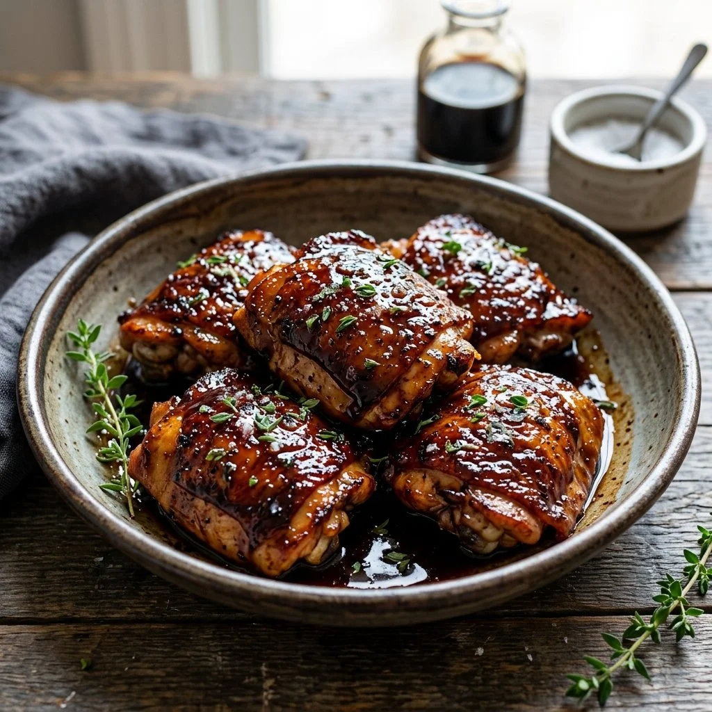 Balsamic Glazed Chicken Thighs garnished with herbs on a plate