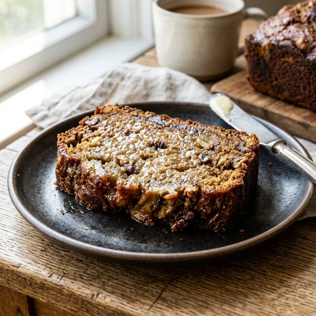 Freshly baked banana bread on a wooden cutting board