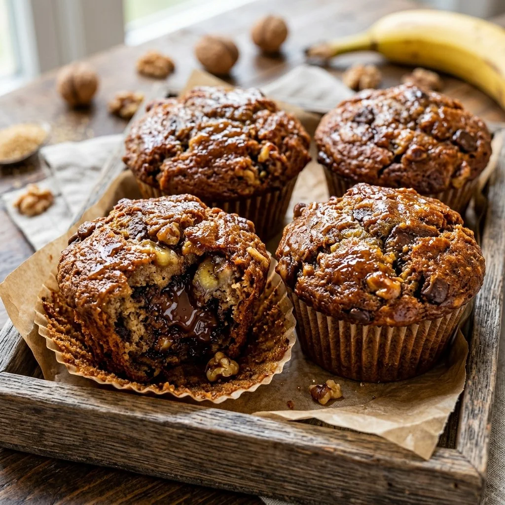 Delicious banana bread muffins topped with walnuts and served warm on a plate