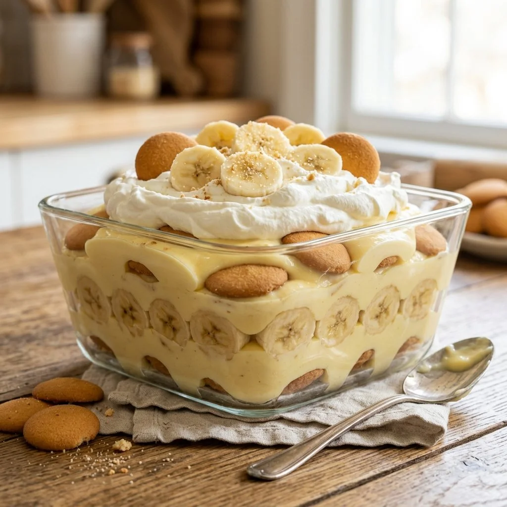 Delicious bowl of creamy banana pudding topped with whipped cream and banana slices.