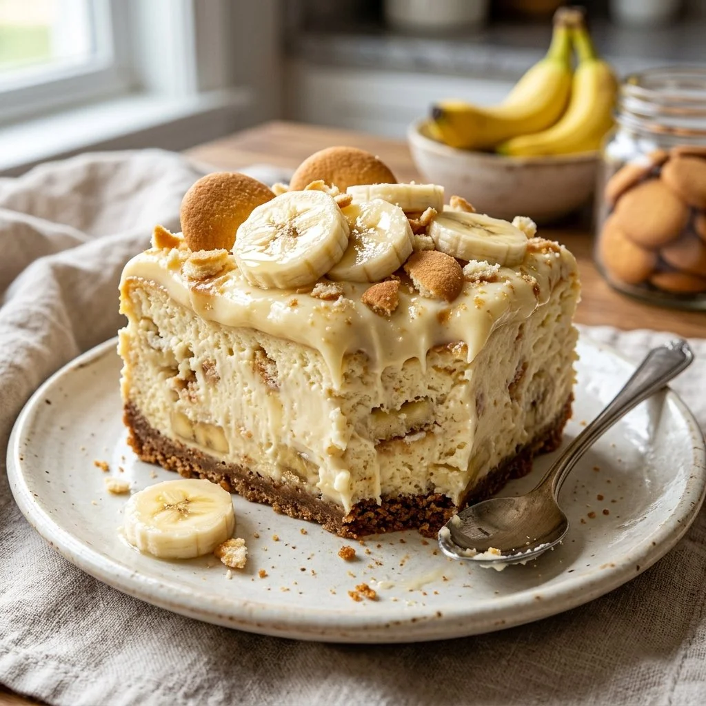 Slice of banana pudding cheesecake on a plate with banana slices and whipped cream