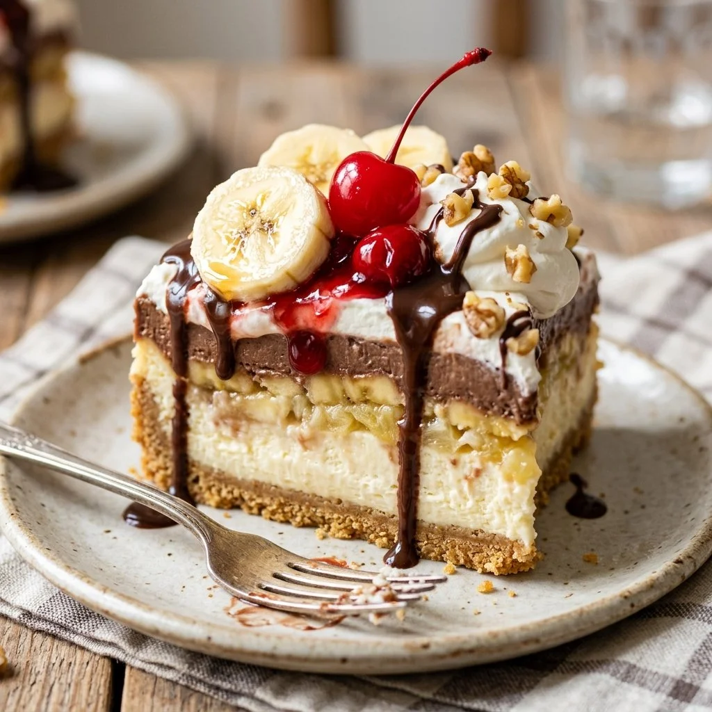 Delicious slice of Banana Split Cake topped with cherries and whipped cream