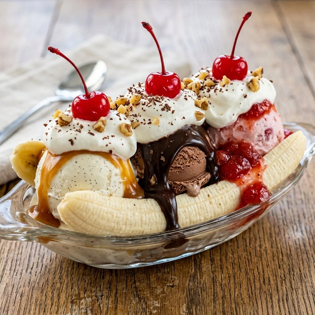Delicious banana split dessert with ice cream, bananas, and toppings.